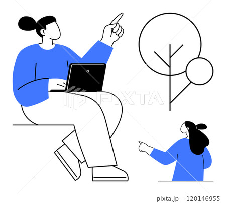 Person sitting with laptop pointing up and another pointing at abstract tree. Ideal for modern lifestyle, technology, learning, education, and abstract art. Minimalist design style 120146955
