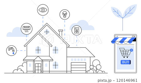 Smart home with connected devices like security cameras, lighting, thermostat, and washing machine controlled via a mobile app. Ideal for smart technology, home automation, IoT, security, and energy 120146961