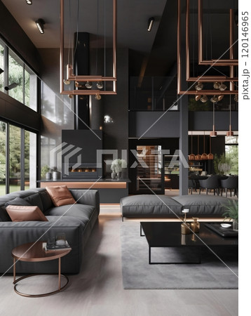 Luxurious minimalistic living room with modern black and copper accents 120146965