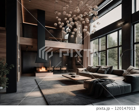 Luxurious modern living room with large windows and elegant lighting 120147013