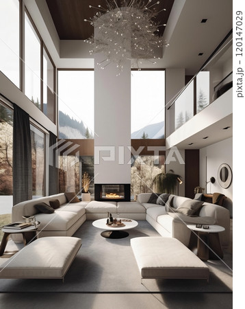 Modern mountain retreat living room with panoramic windows and cozy fireplace 120147029