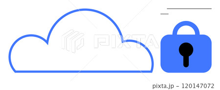 Blue outlined cloud shape next to a blue lock symbol. Ideal for data security, cloud computing, digital privacy, online protection, technology. Simple modern style 120147072