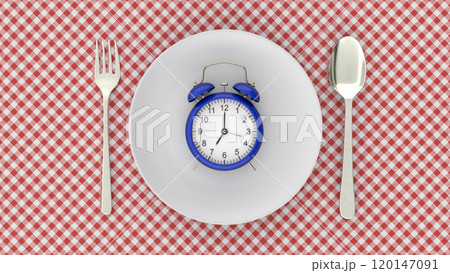 Starvation, diet concept. Food restriction and control eating. Empty plate vs alarm clock. 3d rendering 120147091