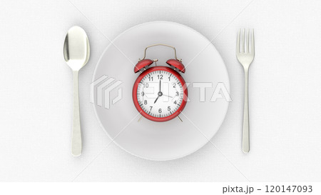 Starvation, diet concept. Food restriction and control eating. Empty plate vs alarm clock. 3d rendering 120147093