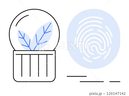 Two main elements are visible a plant inside a glass dome and a fingerprint. Ideal for environmental secu , eco-technolog advancements, sustainable innovation, biometric technology, plant 120147142