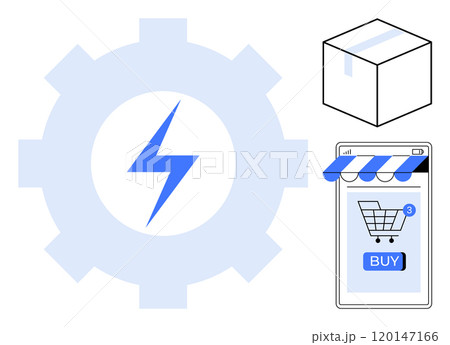 Blue lightning bolt inside a gear, a cardboard box, and a mobile phone with a shopping cart icon and blue buy button. Ideal for ecommerce, online shopping, fast delivery, technology, and mobile apps 120147166