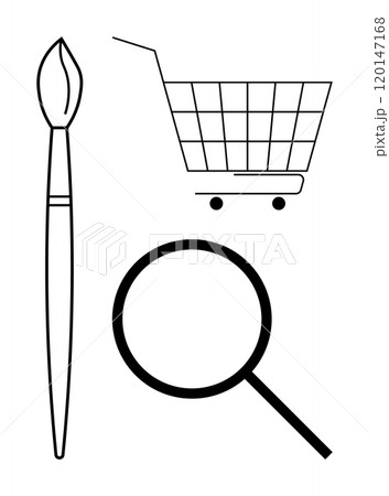 Black and white icons include a paintbrush, shopping cart and magnifying glass. Ideal for themes such as art, shopping, search, minimalism and online business. Simple line art style 120147168