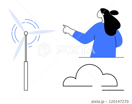 Person pointing towards a wind turbine with a cloud below. Ideal for renewable energy, sustainability, environmental awareness, clean energy, Eco education. Modern, minimalist style 120147270