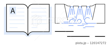 An open book with text on the left and a dam with flowing water on the right. Ideal for education, literature, hydraulic engineering, environmental studies, and civil engineering. Minimalist style 120147272