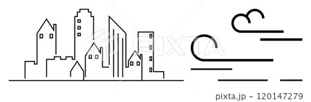 Simple line art of a city skyline with various buildings on the left and minimalist wind symbols on the right. Ideal for urban themes, weather concepts, city planning, environmental awareness Simple line art of a city skyline with various buildings on the left and minimalist wind symbols on the right. Ideal for urban themes, weather concepts, city planning, environmental awareness 120147279