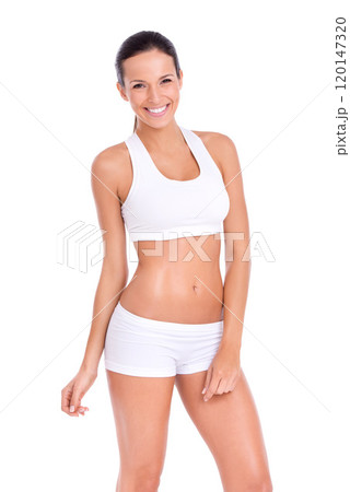 Looking this good doesnt come easily. Studio portraitt of a fit young woman isolated on white. Looking this good doesnt come easily. Studio portraitt of a fit young woman isolated on white. 120147320