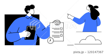 Two people collaborating in a minimalist setting. One person holding a clipboard and document, another pointing towards the sky. Ideal for team collaboration, business planning, communication 120147367