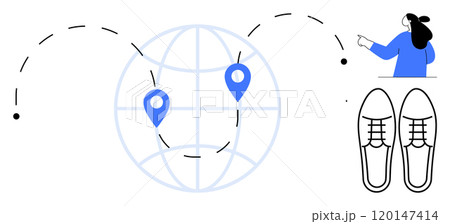 Globe with travel route, map pinpoints, person with suitcase, and shoes. Ideal for travel planning, navigation, adventure, tourism, worldwide destinations. Clear line art style with blue and black Globe with travel route, map pinpoints, person with suitcase, and shoes. Ideal for travel planning, navigation, adventure, tourism, worldwide destinations. Clear line art style with blue and black 120147414