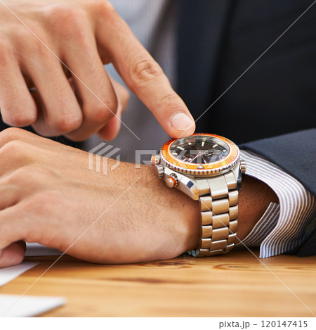 Making sure he sticks to the schedule. Cropped shot of a businessman checking the time on his watch. 120147415