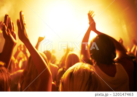 Rear view of a crowd dancing at a music concert- This concert was created for the sole purpose of this photo shoot, featuring 300 models and 3 live bands. All people in this shoot are model released 120147463