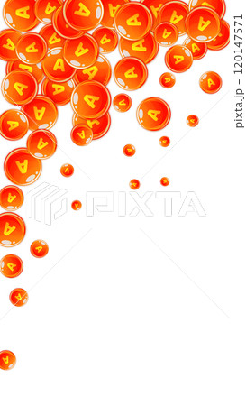 Vitamin A round capsules scattered randomly. Beauty treatment and nutrition skin care. Healthy life concept. Medical and scientific background. Vitamin A round capsules scattered randomly. Beauty treatment and nutrition skin care. Healthy life concept. Medical and scientific background. 120147571