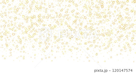 Gold sparkling star confetti. Chaotic dreamy childish overlay template. Festive stars vector illustration on white background. 120147574
