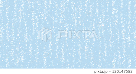Magic falling snow christmas background. Subtle flying snow flakes and stars on light blue winter backdrop. Magic falling snow holiday scenery. Wide vector illustration. 120147582