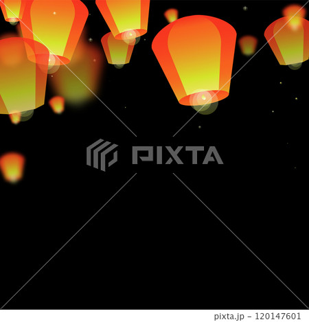 Sky lanterns floating in the night sky. Thailand holiday with paper lantern lights flying in the night sky. Sky lantern festival celebration. Vector illustration on black background. 120147601