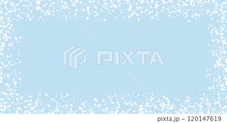Magic falling snow christmas background. Subtle flying snow flakes and stars on light blue winter backdrop. Magic falling snow holiday scenery. Wide vector illustration. Magic falling snow christmas background. Subtle flying snow flakes and stars on light blue winter backdrop. Magic falling snow holiday scenery. Wide vector illustration. 120147619