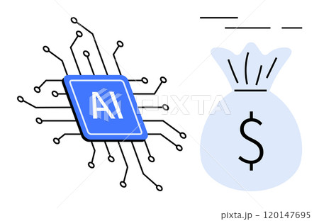 Blue AI chip connected to circuits placed near a money bag symbolizing currency. Ideal for technology advancements, AI development, financial growth, economic innovation, and digital transformation 120147695
