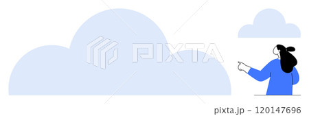 Minimalist vector showing a person in blue pointing at a large cloud with a smaller cloud in the background. Ideal for weather themes, dreams, goals, simplicity, and nature-related concepts. Clean 120147696
