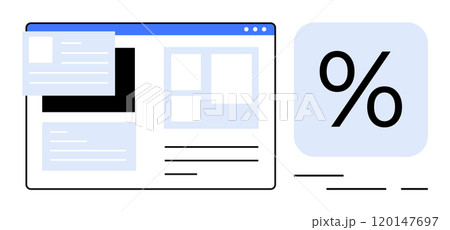 Webpage layout with various content blocks and a large percentage sign. Ideal for web analytics, UI design, metric visualization, digital marketing, and business intelligence. Minimalist style Webpage layout with various content blocks and a large percentage sign. Ideal for web analytics, UI design, metric visualization, digital marketing, and business intelligence. Minimalist style 120147697