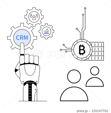 Robotic hand points to CRM gear, surrounded by icons for networking and analytics. Blockchain and cryptocurrency symbols connect next to user profiles. Ideal for technology, AI, blockchain, finance Robotic hand points to CRM gear, surrounded by icons for networking and analytics. Blockchain and cryptocurrency symbols connect next to user profiles. Ideal for technology, AI, blockchain, finance 120147702
