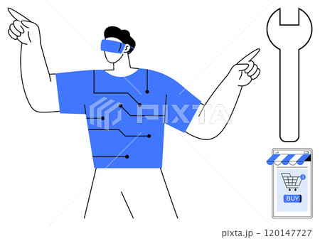Person using a VR headset and pointing. Circuit-patterned shirt. Large wrench and storefront icon with a buy button. Ideal for online shopping gaming hardware technology future innovation 120147727