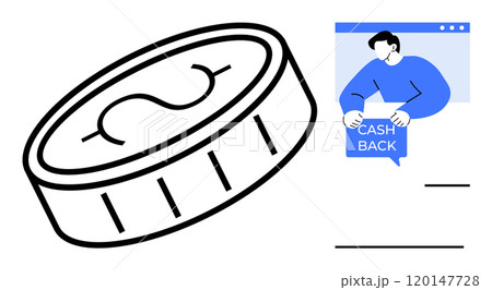 Large coin with dollar symbol alongside person holding cash back sign within web browser, window Ideal for financial services e-commerce rewards programs marketing campaigns and customer incentives 120147728
