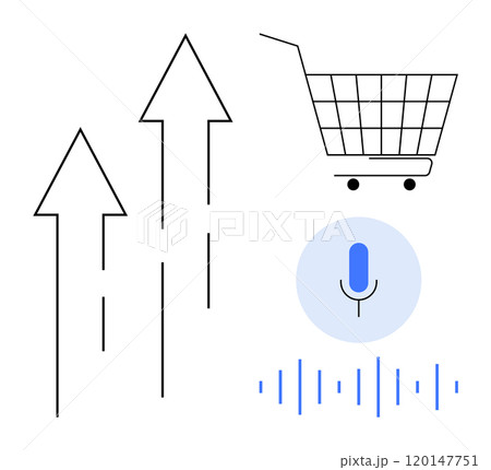 Three upward arrows a shopping cart and a voice recognition symbol with sound waves Ideal, for e-commerce trends retail growth voice-activated shopping market analysis and digital innovation Modern Three upward arrows a shopping cart and a voice recognition symbol with sound waves Ideal, for e-commerce trends retail growth voice-activated shopping market analysis and digital innovation Modern 120147751