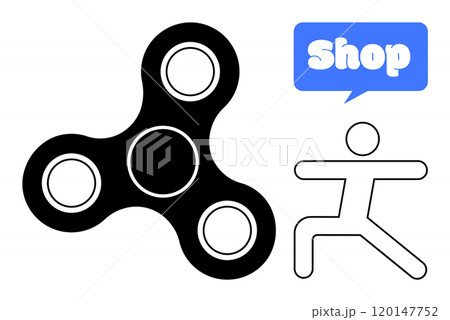 Black fidget spinner next to a stick figure with a blue speech bubble containing the word Shop. Ideal for toy stores, shopping icons, playful graphics, childrens products, online marketplaces 120147752