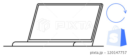 Minimalistic outline of a laptop with an adjacent circular arrow and shopping bag. Ideal for e-commerce, online shopping, technology, digital marketing, and business presentations. Simple line art Minimalistic outline of a laptop with an adjacent circular arrow and shopping bag. Ideal for e-commerce, online shopping, technology, digital marketing, and business presentations. Simple line art 120147757