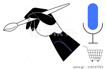 A hand holding a paintbrush is surrounded by a blue microphone and shopping cart. Ideal for creative arts, online shopping, communication, digital marketing, and multimedia themes. Vector style 120147761