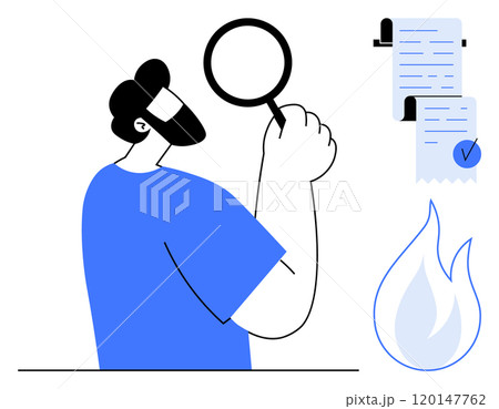 A person holding a magnifying glass closely examines documents beside a burning paper icon. Ideal for audit, investigation, scrutiny, document review, risk management 120147762