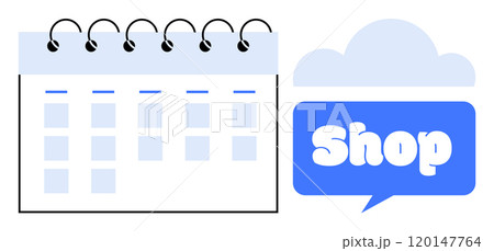 Calendar with a weekly layout featuring a speech bubble labeled Shop. Ideal for online shopping. E-commerce. Scheduling. Marketing campaigns. Retail business. The style is minimal flat vector with a 120147764