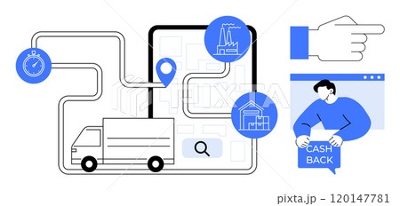 Delivery truck on route map, GPS pinpoints factories and homes, stopwatch indicates time tracking, thumb points right, man holds cash back sign in a simple vector style. Ideal for logistics, delivery Delivery truck on route map, GPS pinpoints factories and homes, stopwatch indicates time tracking, thumb points right, man holds cash back sign in a simple vector style. Ideal for logistics, delivery 120147781