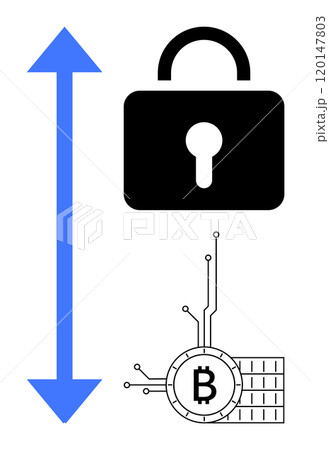 Large blue arrow beside black lock and Bitcoin symbol with circuitry outline. Ideal for blockchain, cryptocurrency, security, technology integration, digital currency. Simple, modern vector style 120147803