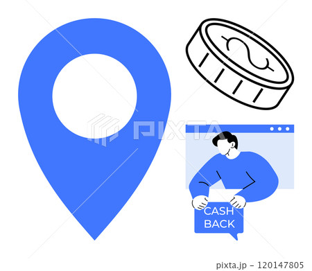 Large blue location pin with a black coin and a person holding a Cash Back sign. Ideal for maps, navigation, finance, e-commerce, rewards, and customer incentives. Simple modern style 120147805
