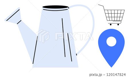 A light blue watering can with black details stands next to a blue location pin and a simple shopping cart icon in black and white. Ideal for gardening, e-commerce, navigation, shopping, online A light blue watering can with black details stands next to a blue location pin and a simple shopping cart icon in black and white. Ideal for gardening, e-commerce, navigation, shopping, online 120147824