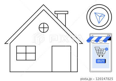 A simple outline of a house, a mobile device with a shopping cart and Buy button, and a cryptocurrency symbol. Ideal for real estate, online shopping, technology, cryptocurrency, financial services 120147825