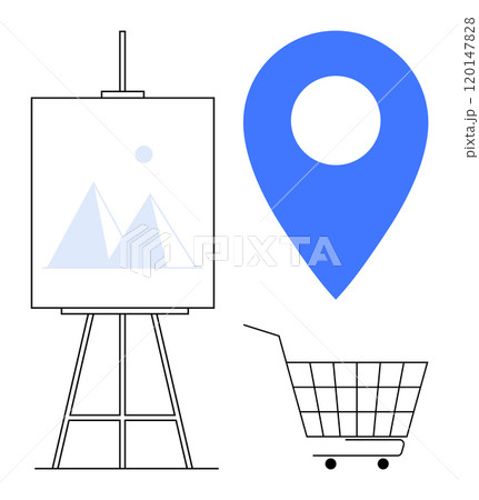 Art canvas on easel with mountain design, blue location marker, and shopping cart. Ideal for art, navigation, shopping, digital marketing and graphic design. Modern minimalist style 120147828