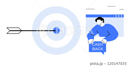 Arrow aiming at target. Person holding cashback sign in web window. Ideal for cashback promotions, financial goals, online marketing, customer rewards, strategic planning. Minimalist, clean, modern Arrow aiming at target. Person holding cashback sign in web window. Ideal for cashback promotions, financial goals, online marketing, customer rewards, strategic planning. Minimalist, clean, modern 120147835
