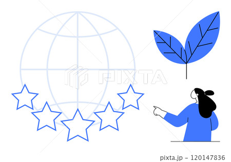 Globe with five stars and woman pointing at leaf. Ideal for global recognition sustainability eco-friendly initiatives environmental awareness nature conservation. Simplistic modern style 120147836