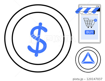 Central dollar symbol coin, mobile shopping app with cart icon and buy button, triangle logo. Ideal for fintech, cryptocurrency, e-commerce, mobile apps, online shopping. Clean minimalist style 120147837