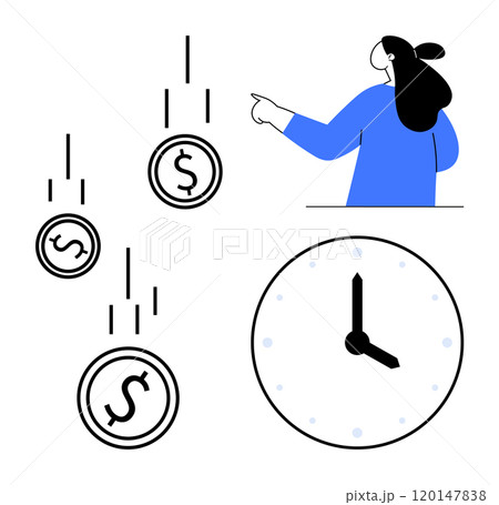 A person pointing at falling dollar coins and a clock. Ideal for financial planning, time management, investment strategies, cost-saving techniques, and business efficiency concepts. Simple modern 120147838