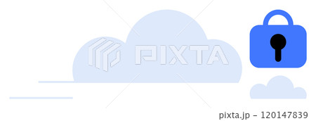 Large blue cloud with a smaller cloud in the background. Blue padlock symbol to the right. Ideal for data security, cloud storage, information privacy, online protection, and secure computing 120147839
