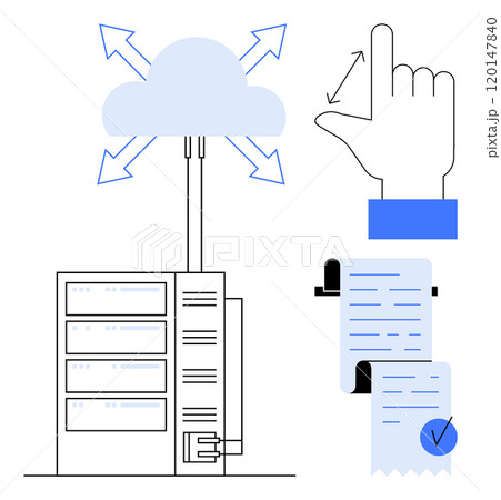 Cloud with arrows connecting to servers, a finger gesture indicating interaction, and document scrolls. Ideal for cloud technology, data storage, digital interaction, server management, and digital 120147840