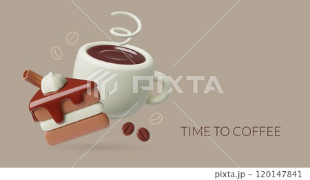 3d coffee break banner with cup of black coffee and chocolate cake piece 120147841