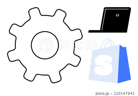 Outline of a gear, a black laptop, and a blue and white shopping bag. Ideal for concepts of technology, e-commerce, online shopping, digital solutions, and business efficiency. Simple, minimalistic 120147842